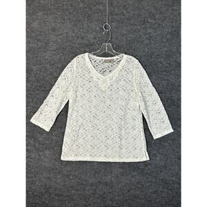 Chicos 2 Womens Lace Shirt Size Large White Boho Cottage Sheer 3/4 Sleeve